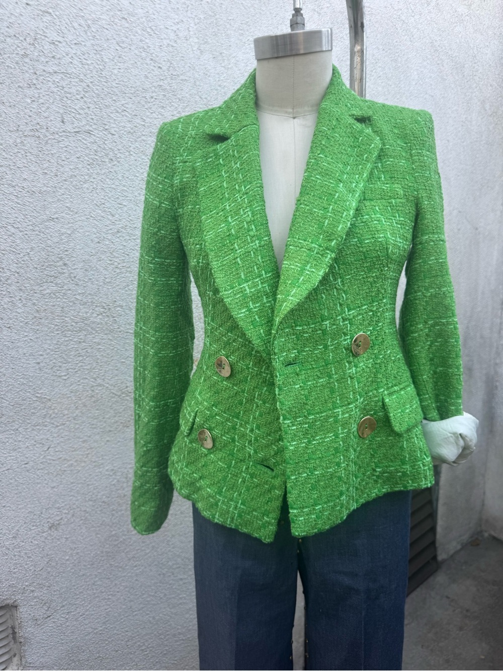 Zara Bright Green Tweed Double-Breasted Blazer